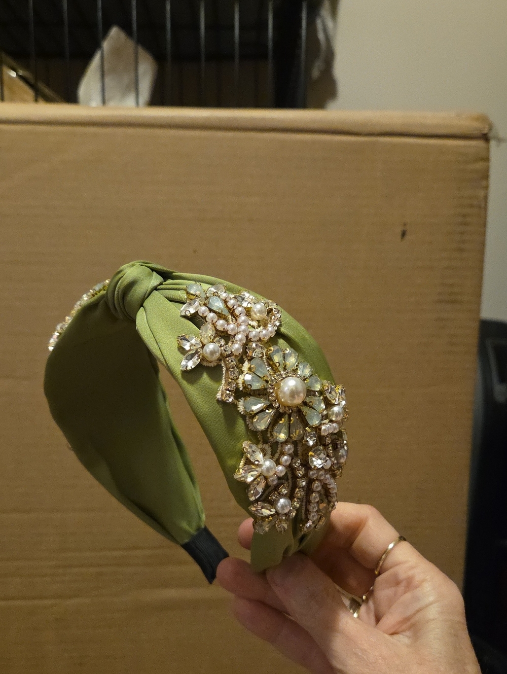 Olive Green Knotted Headband with Pearl & Crystal Embellishments